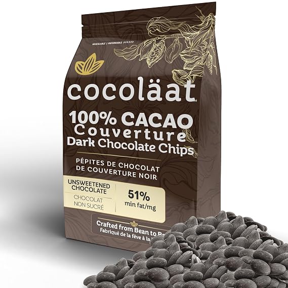 Cocolaat 100% Dark Chocolate Chips | Unsweetened Chocolate | 100% Cocoa Mass-51% Fat | Culinary Grade for Bakers, Pastry Chefs, Chocolatiers | Gold Foil Resealable Pouch Perfect Holiday Gift | 2 lb