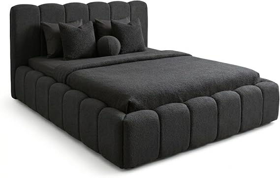 Luxury Cloud Teddy Boucle With Or Without Ottoman Storage Bed Frame 40 in Panel Headboard With Optional Mattress (Grey Boucle, 3ft Single)