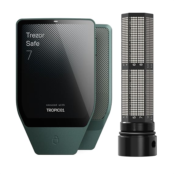 Trezor Safe 7 Hardware Wallet with Keep Metal Seed Backup Bundle Touchscreen Crypto Security, Secure Element Protection & Cold Storage Recovery Kit (Obsidian Green)