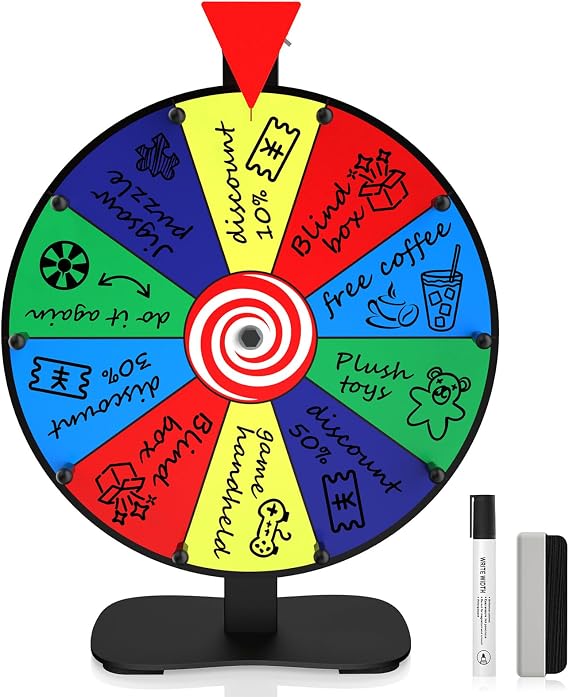 14 Inch Spinning Wheel for Prizes, 10 Slots Color Prize Wheel, Heavy Duty Tabletop Wheel Spinner with Dry-Erase Marker and Eraser for Parties, Trade Show, Carnival Events