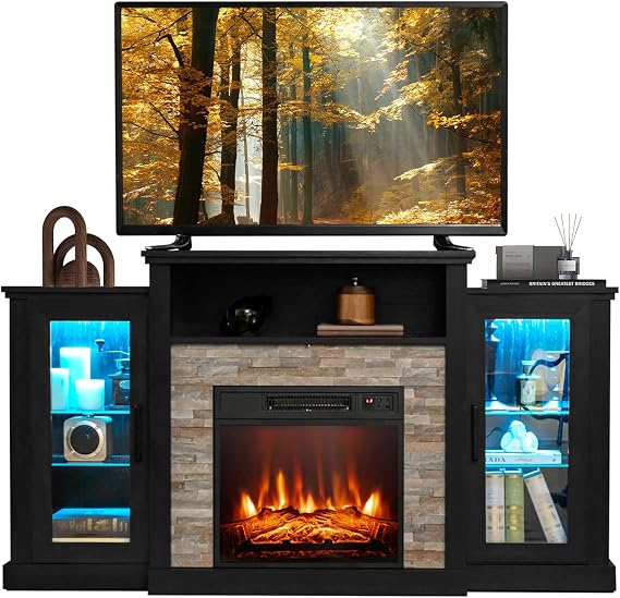 COSTWAY Electric Fireplace TV Stand for TVs Up to 65 Inches, 18-inch Fireplace Insert with APP Control, Remote Control, 16 Color Lights, Wooden Entertainment Center with Adjustable Shelves, Black