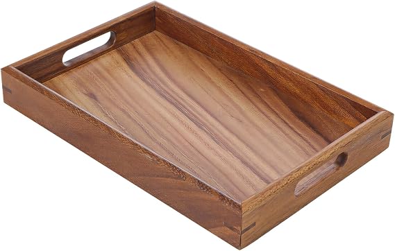 South American Walnut Wood Serving Tray, 15.7 in Decorative Breakfast Tray, Easy-Clean Smooth, 1.6 in Raised Edge Food Drinks Tray, Rectangle Butler Tray for Home Decor