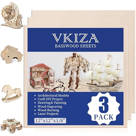 3 Pack Basswood Sheets 12"x12"x1/8", 3mm Basswood for Laser Cutting and Engraving,Thin Plywood Board Unfinished Wood for Crafts, DIY Ornaments and Architectural Model, Wood Burning.