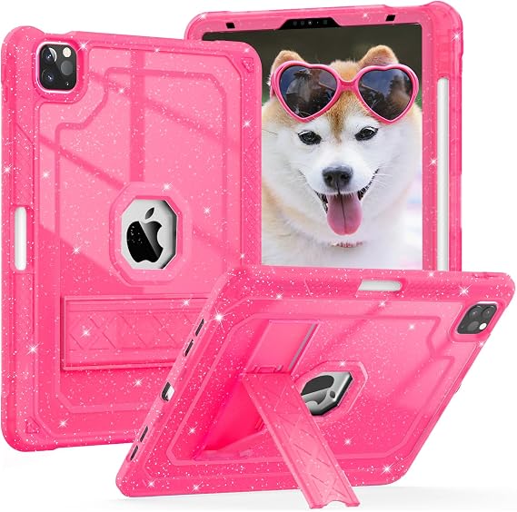 ZoneFoker for iPad Pro 12.9 Case 6th/5th/4th/3rd Generation 2022/2021/2020/2018, 12.9 Inch iPad Pro Case Cover with Pencil Holder, Hot Pink Glitter