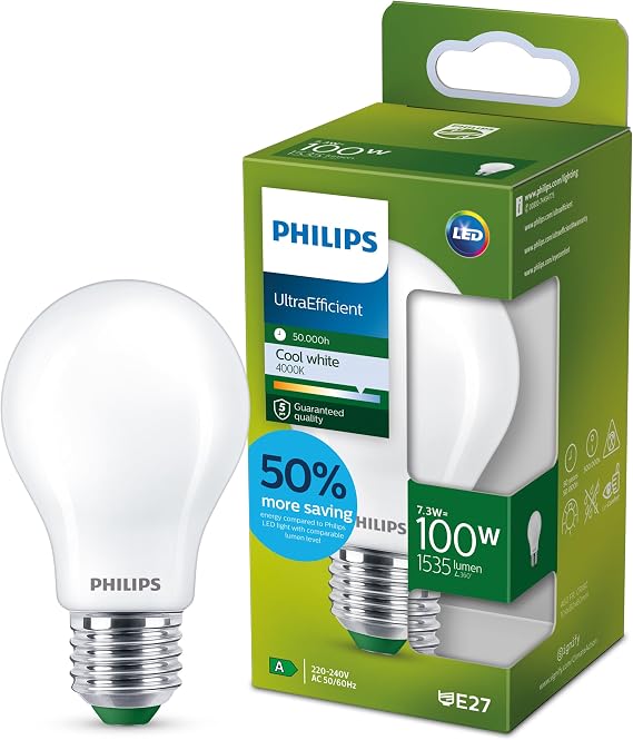PHILIPS - Ultra Efficient Matte LED Bulb, E27 Socket, 7.3W - 1535 Lumens, Cool White Light (4000k), Energy Class A [Energy Class A]