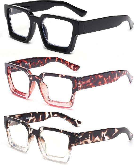 JM 3 Pack Square Reading Glasses for Women Men,Spring Hinge