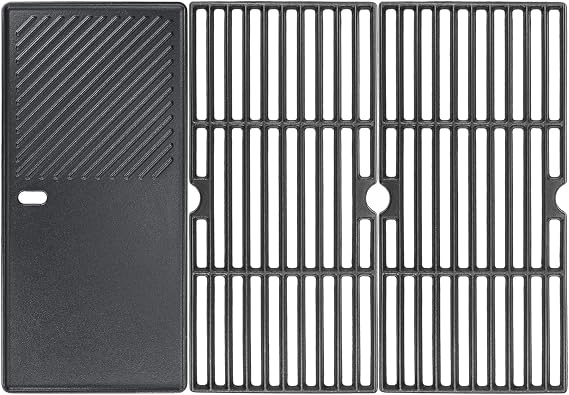 Cast Iron Grill Grates & Reversible Griddle Plate Combo, 3-Piece Replacement for Enders, Charbroil, Broil King, Kenmore Gas Grills, 43x62.5cm (Fits Boston 3, Monroe Pro 3 Turbo & More)