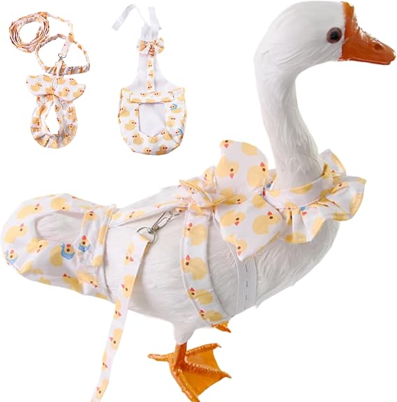 Duck Chicken Harness & Diapers with 4.8-FT Leash Rope & Washable Adjustable Elastic Reusable Diaper Nappy Poultry Cloth for Goose Hen (S, Little Yellow Duck)