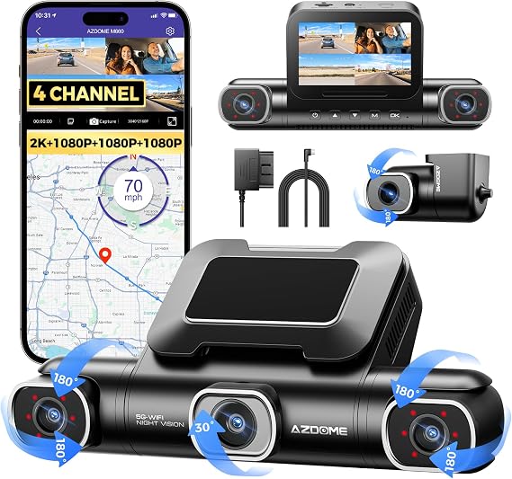 AZDOME M660 4CH Dash Cam with OBD Hardwire Kit for 24/7 Parking SurveillanceS, Easy to Install