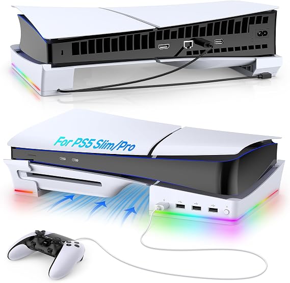 RGB Horizontal Stand for PS5 Slim/Pro Console with 4 USB Hubs Holder Stand Accessories Compatible with PlayStation 5 Slim/Pro Console 14 Light Modes & Quick Charging Port for PS5 Controller