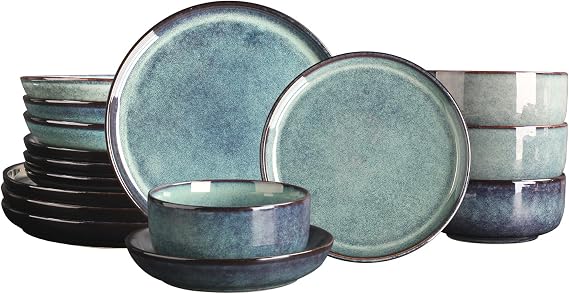 Ceramic Dinnerware Set(16 pcs) Serve 4 people, Plates & Bowls Sets, Reactive Glaze Dishes Set, Chip Resistant and Scratch Resistant, Dishwasher, Microwave Safe, Suitable for dinner, party