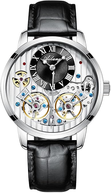 Men's Automatic Watch Skeleton Ailang Series Wristwatch with Leather Band (Silver Black)