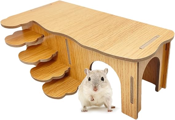 Hamiledyi Hamster Hideout with Ladder Dwarf Hamster Wooden Maze Tunnel Platform Multi Chamber Exploring Toy Habitat Decor for Gerbil Syrian Mouse Brown