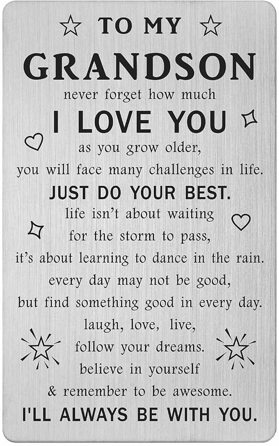 TANWIH Grandson Gifts from Grandma - Grandson Engraved Wallet Card - Inspirational Birthday Graduation Gifts for Grandson from Grandpa