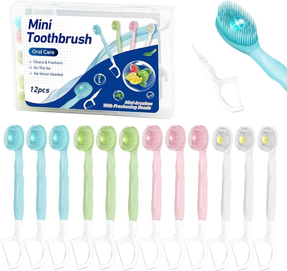 Mini Brushes-Disposable Toothbrushes with Toothpaste + Tongue Scraper + Picks+Floss Pick 5 in 1 Individually Wrapped for Work or Travel 12pcs (Mixed Flavors-12pcs)