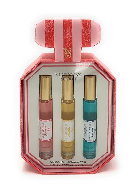 Victoria's Secret Bombshell Eau de Parfum Getaway Trio include: St. Tropez, Amalfi, Santorini Limited Edition .23fl oz each
