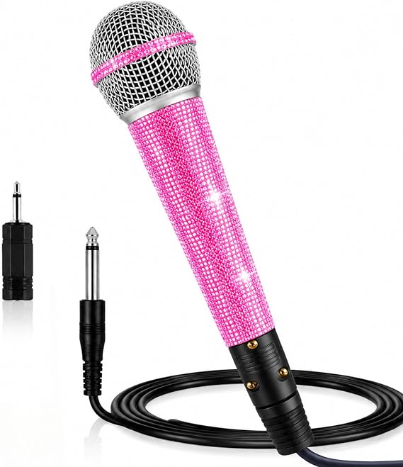 Pink Wired Karaoke Microphone with Rhinestones Sleeve Decoractive | Sparkly dynamic mic for karaoke, singing, parties and speeches with 11.5 ft XLR cable, 6.35mm plug and 3.5mm adapter