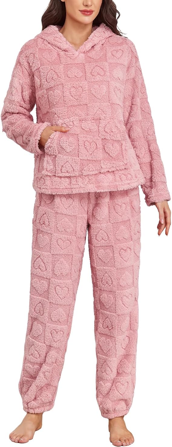 Women's Fleece Pajama Set Hooded Long Sleeve Pjs Ultra-Warm Cozy Winter Sleepwear