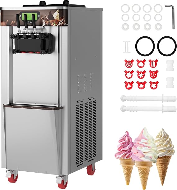 2800W Commercial Soft Ice Cream Maker, 2+1 Flavors, 9.2-10.5 Gal/Hr Soft Serve Ice Cream Machine with 5-Inch Display, Simple to Operate, Self-Cleaning, High Productivity for Restaurant Snack Bar, 115V