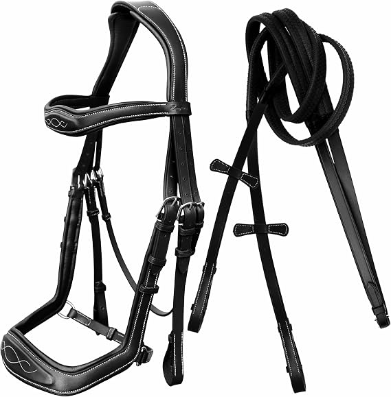 Anatomic Hunter Jumping Bridle for Horses Soft Padded English Bridle with Anti Pressure Crownpiece, Fancy Stitch Leather Horse Tack Set with Rubber Grip Reins, Cob Full Oversize