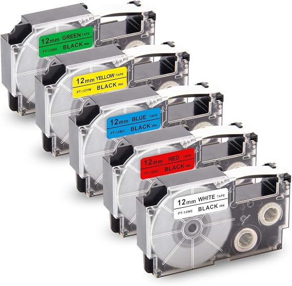 Unismar 5-Pack for Casio XR-12WE XR-12RD XR-12BU XR-12YW XR-12GN Label Tape