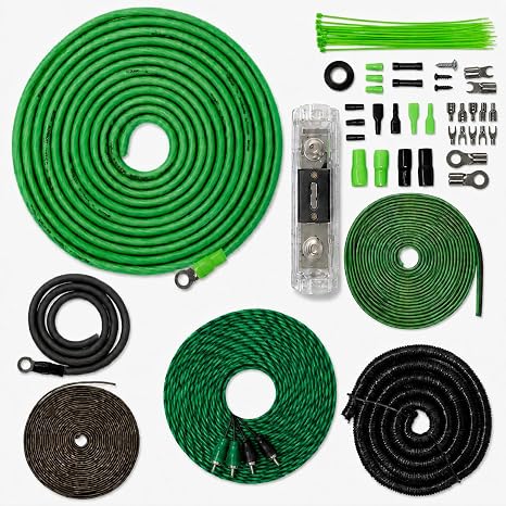 SoundBox 4 Gauge Amplifier Wiring Complete Kit, Extra Long 20 Foot Power & RCA Cables - Green