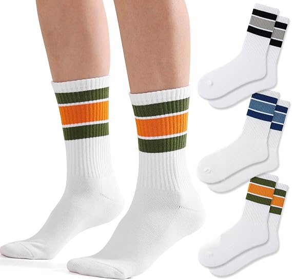 Fszsaa 3-6Pairs Cushioned Crew Socks Retro Striped Socks Women Mid Calf RibTube Socks