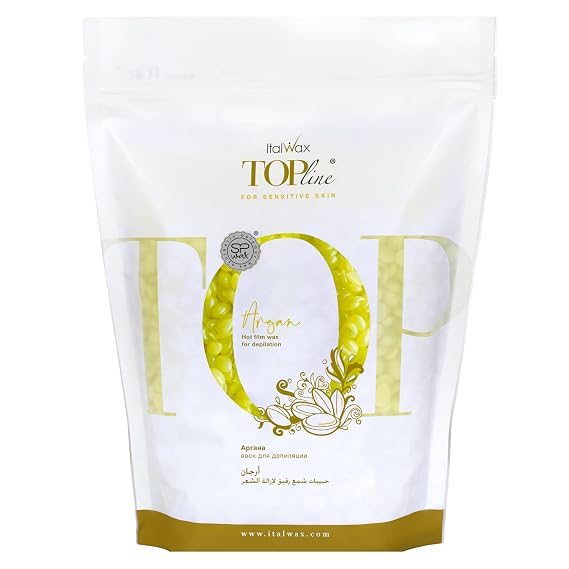Italwax Top Line Argan Hard Wax Beads 1.65 lb (750 g) Fast-Setting Transparent Jelly Wax Enriched with Argan Oil, Floral Scent, Strong Grip for Face & Underarms, Professional Use Made in Italy