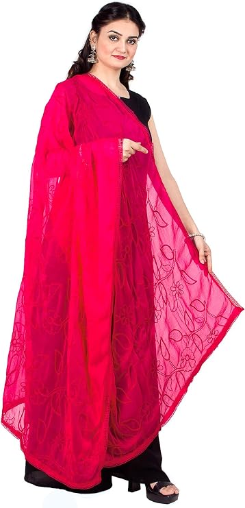 Chandrakala Women's Chikankari Chiffon Dupatta, Lucknowi Embroidered Scarf Chunni Stole Wrap for Salwar Kameez