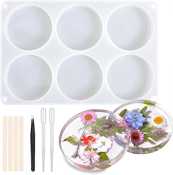 Silicone Resin Coaster Mold Set, 3.93-Inch Round, 0.82-Inch Deep Reusable Flexible Mold for Epoxy Resin Casting with 3 Tools, LeilieCSC