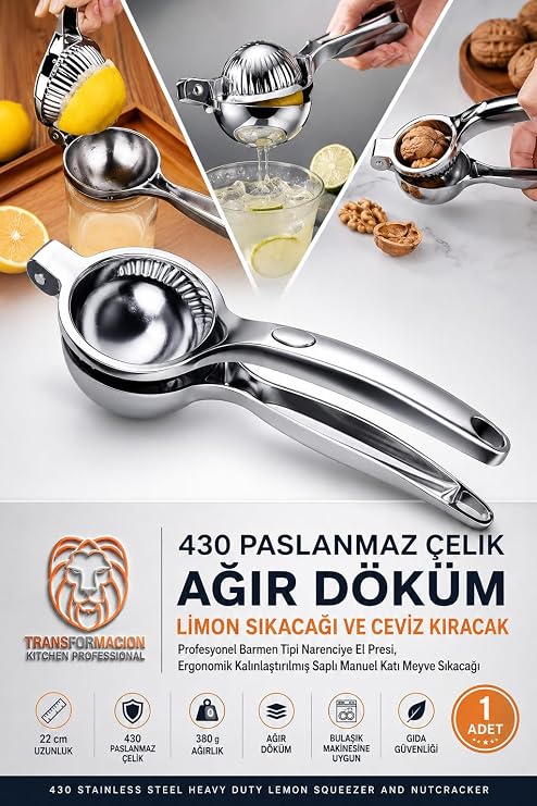 Transformacion Çelik Ağır Döküm Limon Sıkacağı ve Ceviz Kıracak - Profesyonel Barmen Tipi Narenciye El Presi, Ergonomik Kalınlaştırılmış Saplı Manuel Katı Meyve Sıkacağı 720784
