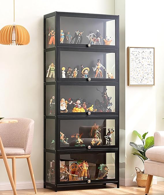 Acrylic Display Cabinet, Living Room Display Cabinet, Showcase, Tough Texture, Sealed and Dustproof, Suitable for Various Scenarios (5 Tiers Black 70 * 33 * 172 Transparent on 3 Sides)