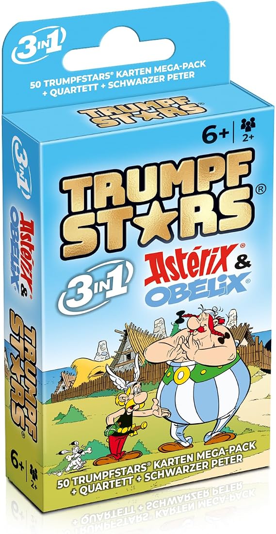 TRUMPFSTARS Asterix & Obelix Card Game 3 in 1 - Trump Quartet Black Peter - 50 Cards Mega Pack - Asterix Cards Game from 6 Years - for 2 or More Players - Plastic-Free Packaging