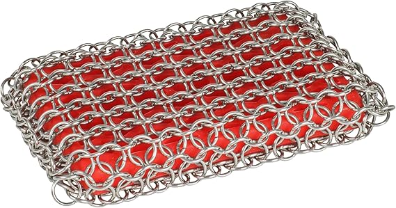Lodge Chainmail Scrubbing Pad, Stainless Steel, Red | Heavy Duty Stainless Steel Cast Iron Scrubber with Silicone Grip, Reusable Cleaning Pad for Cookware & Kitchen