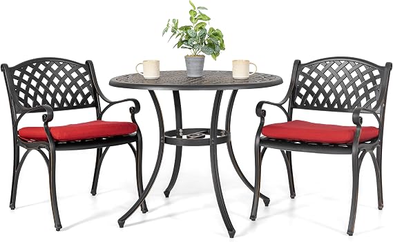 NUU GARDEN 3 Piece Outdoor Bistro Set Cast Bistro Table Set Aluminum Patio Set Rustproof Patio Table and Chairs with Umbrella Hole and Red Cushions for Backyard, Balcony, Patio, Black