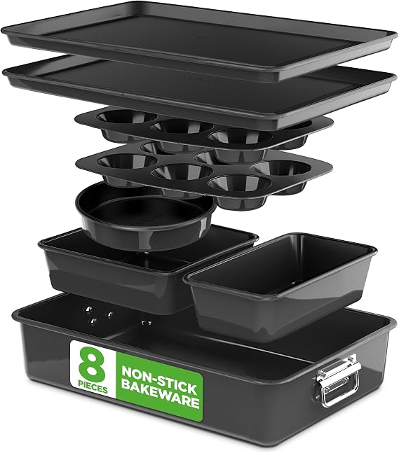 NutriChef 8-Piece Stackable Nonstick Bakeware Set - Premium Steel Baking Pans Set - Includes Round Cake Pan, 6-Cup Muffin Pans, Wide/Square Brownie & Loaf Pans, Cookie Sheet, Roaster Pan (Black)