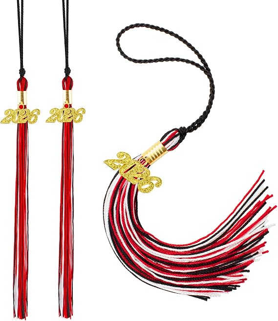 2pcs Tassels for Graduation Cap 2026, 2pcs 2026 Grad Tassel for Graduation Cap 2026, White Black and Red Tassel Gradu Decorations with Gold Tassels Charm, High School Gift for Her (Black/Red/White)