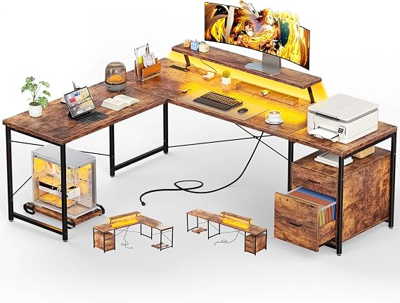 Unikito 63" L-Shaped Computer Desk with Power Outlet & LED, Rustic Brown