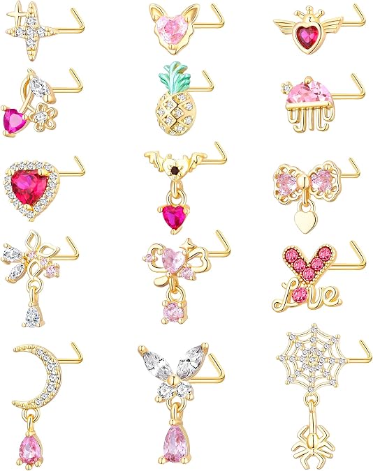 TAMHOO 15Pcs 20G Nose Rings - L Shape Designs with Surgical-grade stainless steel - Gold/Silver Nose Studs for Women