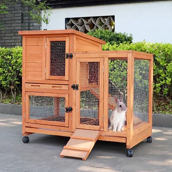 Rabbit Cage, Double Decker Outdoor Wooden Rabbit Hutch with 4 Wheels and Leak-Proof Tray, Pet Cage for Small and Medium Animals