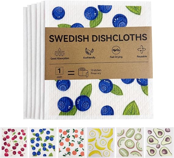 6 Pack Swedish Dishcloths Super Absorbent, Reusable & Eco-Friendly Kitchen Towels (Fruit/Lavender/Camping/Solid Colors) (Fruit Party)