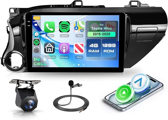 4+128G Android 15 Car Stereo Radio for Toyota Hilux 2015-2020 with Wireless Carplay Android Auto, 10.1'' in-Cell Screen Head Unit with GPS/Bluetooth 5.0/FM RDS/EQ/Wi-Fi Mirror Link Backup Camera SWC
