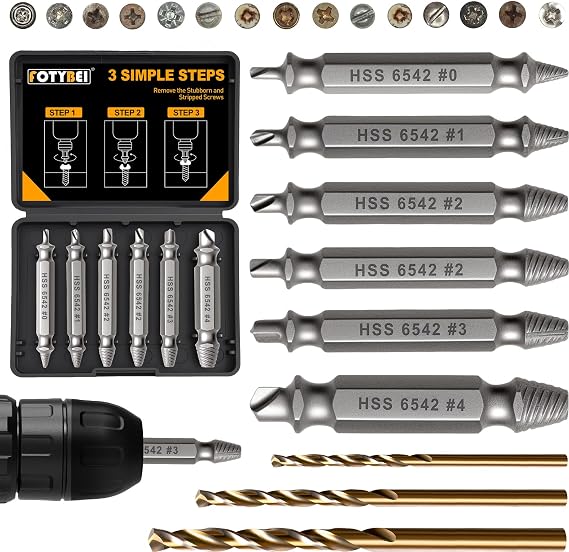 9 PCS Damaged Screw Extractor Set, 6 PCS HSS 6542 Screw Removal Tool and 3 PCS Twist Drill Bit, Screw Remover and Extractor Bit Set for Damaged Broken Stripped Screws