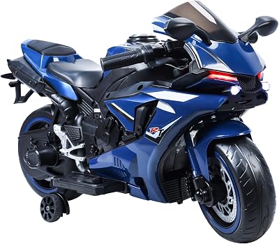 12V Kids Motorcycle with Training Wheels, Electric Dirt Bike for Children, Motorcycle for Kid 5-12, LED Headlights, Max Speed 9mph, Kids Ride On Toys, Gift for Boy Girls Blue