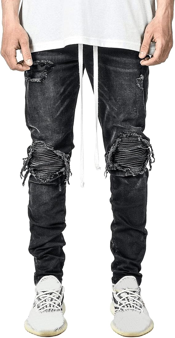 JEKE-DG Men's Slim Fit Mid Waist Zipper Jeans Tapered Leg Hip hop Denim Pants Moto Biker Distressed Punk Jeans Trousers
