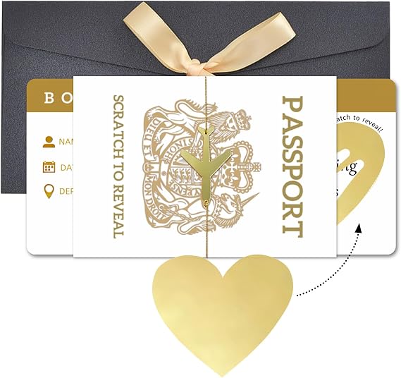 Personalised Holiday Scratch Card Reveal Kit - Surprise Travel Gift Set with Boarding Pass Scratch Card, Passport Card & Gold Thread Envelope | Gift for Her, Him, Family or Friends