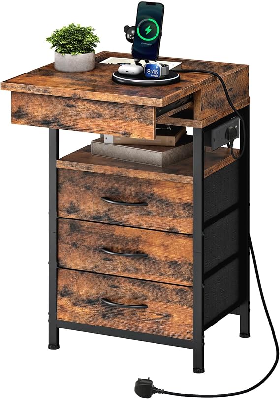 HOOBRO Bedside Table with Charging Station, Side Table with 4 Drawers, 2 AC Outlets, 1 USB-A, 1 Type-C, Nightstand for Bedroom, Living Room, Rustic Brown and Black EBF143KBZ01