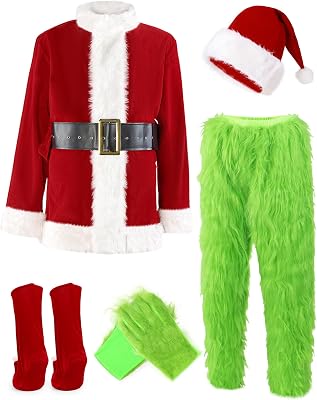 ADOMI Christmas Costume for Men Green Furry Monster 8PCS Deluxe Adult Santa Suit Xmas Outfit Set Halloween Holiday