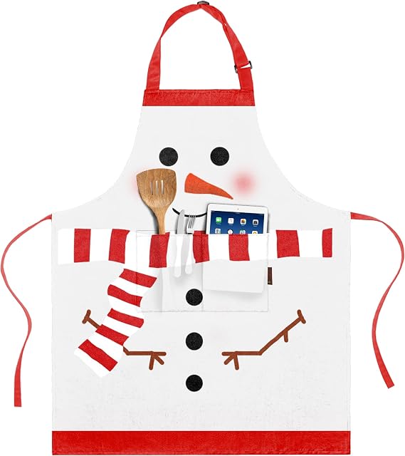 BOHARERS Cute Christmas Apron White Scarf Snowman Aprons for Kitchen Adjustable Waistband Christmas Gift