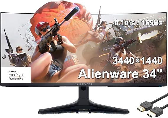 Dell Alienware AW3423DWF 34" Curved Gaming Monitor, QD-OLED (3440x1440) 165Hz Display, 0.1ms Gray-to-Gray, 1.07 Billions Colors, AMD FreeSync Premium Pro, DisplayPort/HDMI, with MTC HDMI Cable